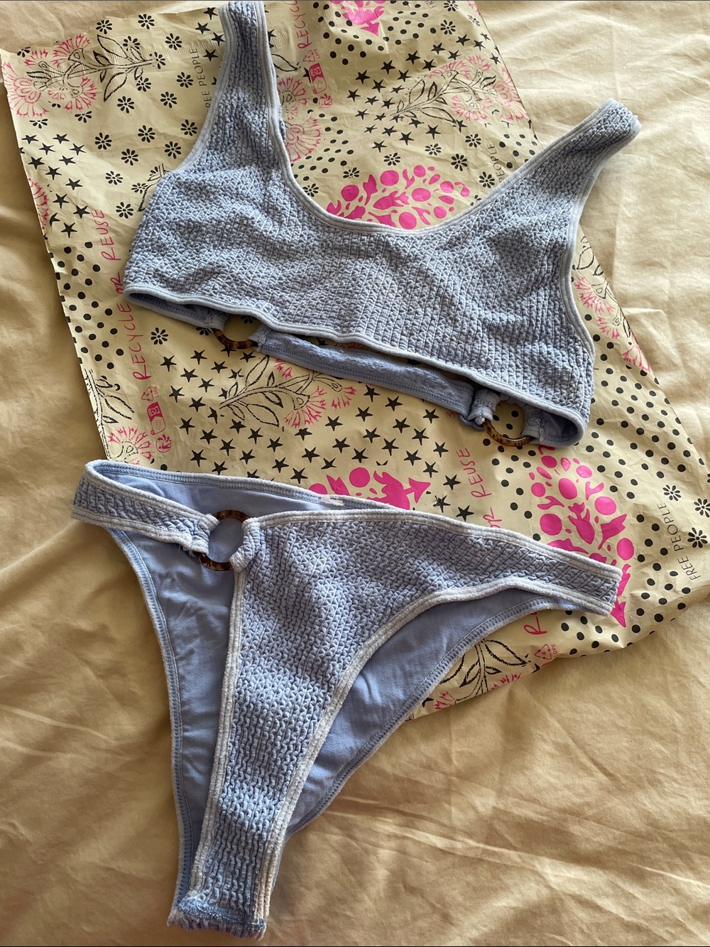 M Light Blue Textured Ring Bikini Set